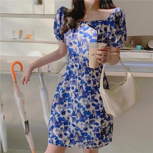 Summer Sweet Floral Print Dress Women Elegant Sexy Cute Fairy Dress Gentle Slim Puff Sleeve Dye Spring Beach Korean Dress 2021
