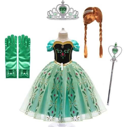1set green Girl Dress Cosplay Queen Princess Costume Kids Halloween Clothes Children Birthday Carnival Fancy Disguise and Wig