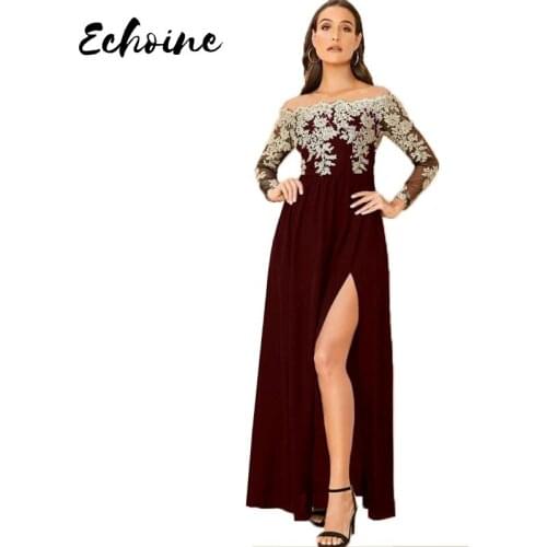 2020 Spring Women Dress Lace High Side Split Out Slash Neck Women Dress See Through Long Sleeve Party Night Dress Plus Size 2xl