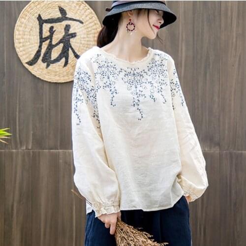 2021 Autumn Embroidery Tops Casual Vintage Full Sleeve Solid Color Loose O-Neck Ruffled New Women Linen Boho T-Shirts