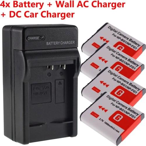4x NP-BG1 FG1 Li-ion Replacement Battery + Home&Car Charger for Sony Cyber-shot Camera