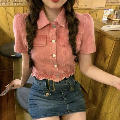 Deeptown Pink Oversized Denim Shirt Korean Style Button Up Crop Top Puff Sleeve Slim Beautiful Blouses Sexy Girl Streetwear Chic