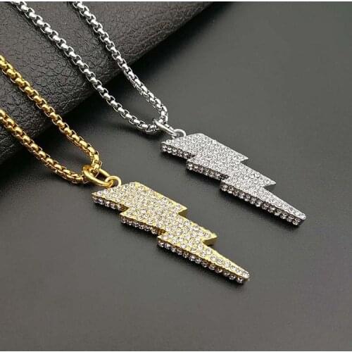 Hip Hop Bling Lightning Stainless Steel Pendants Necklace with zircon Chain For Men/Women Iced Out Bling Jewelry Dropshipping
