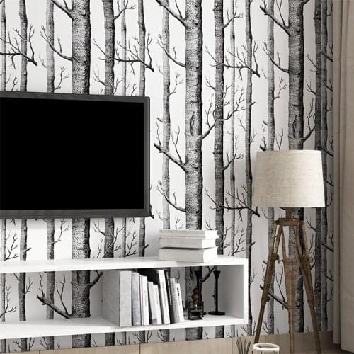 Black White Wood Forest Tree Texture 3D Embossed Flocking Non-woven Wallpaper Wallcovering Living Room TV Background Home Decor