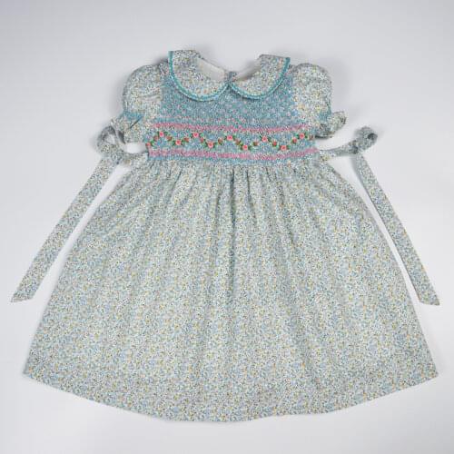 Kids Girls Floral Smock Princess Dress Summer 2021 Teenage Girls Vintage Smocked Dresses 4 5 6 8 10 12 Years Smocking Boutique