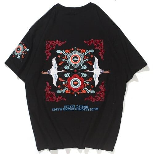 LACIBLE Tshirts Hip Hop Harajuku Streetwear Men Embroidery Cranes Flowers Cotton T-Shirts Casual Loose Short Sleeve Tees Tops
