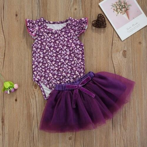 2Pcs Romper Suits Lovely Infant Baby Summer Outfit Ruffle Sleeves Jumpsuit + Elastic Tutu Mesh Skirt Toddler 0-24 Months Clothes