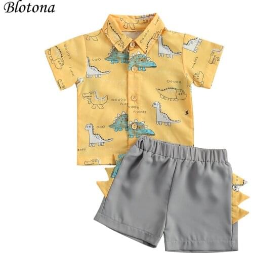 Blotona Kids Boys Fashion 2-piece Outfit Set Short Sleeve Cartoon Dinosaur Print Shirt+Shorts Set for Summer 1-6Years