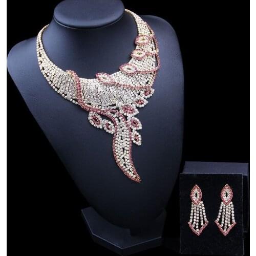 Dubai Big Plated Jewelry Set For Ladies Pink Plant Bridal Rhinestone Necklace Set Crystal Exaggerated Necklace Earring Set