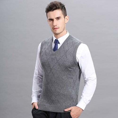 Hot Sale Mens Autumn Winter Plaid Wool Sweater Vest Casual Male V-Neck Cashemre Sleeveless Sweater Pullovers