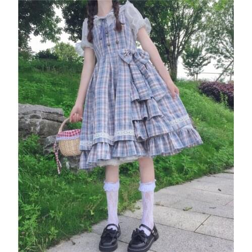 Sweet Womens Lolita Plaid JSK Dress Suspender Dress + Sailor Collar White Shirt Bows Trim Sleeveless One Piece Dress