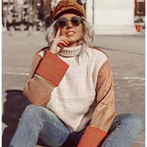 Autumn And Winter New Sweater Loose Casual Stitching Long-sleeved Thick Knitted Turtleneck Sweater Female Sueter Mujer En