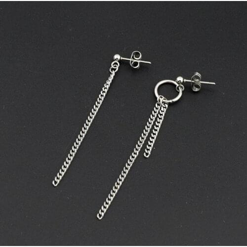 Korean Boys Punk Asymmetry Earrings Long Chain Pendant Women Men Stainless Steel Stud Earring Hipster Grunge Accessory Unisex