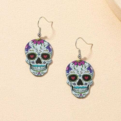 Punk Skull Earrings Celebrate Halloween Gothic Colorful Flower Skull Skeleton Earrings for Women Female Party Jewelry Gift