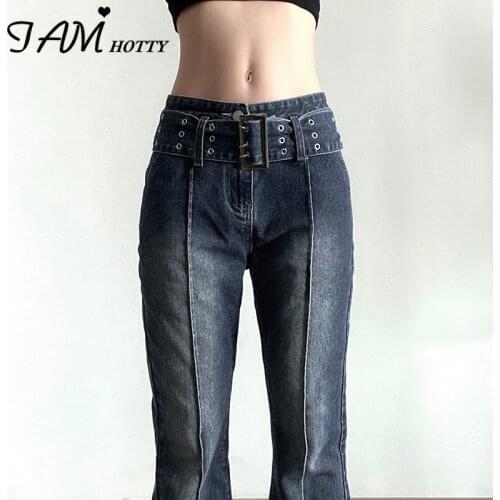 Reverse Stitching Grey Flare Jeans With Sashes Women Bleached Low Waist Stretchy Denim Pants Korean Street Cargo Jeans Iamhotty