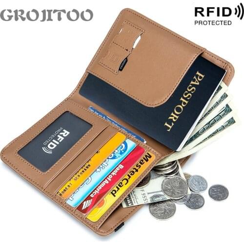 GROJITOO Passport bag genuine leather rfid 2021 new multi-functional mens bag elastic belt passport holder wallet