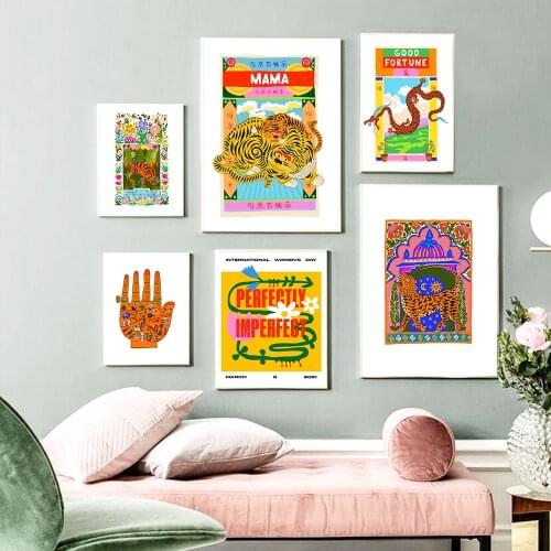 Tiger Mama Cartoon Animal Canvas Posters Tiger Garden Temple Painting Good Fortune Dragon Wall Art Print Pictures For Kid Room