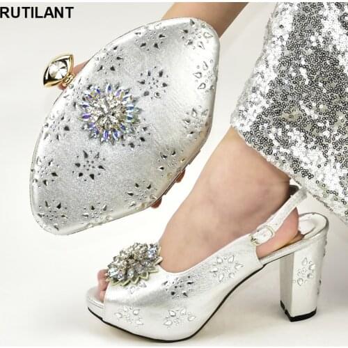 Sliver Color Italian Shoes with Matching Bags Wedding Shoes Women Shoes High Heel Diamonds Pumps Rhinestone Heels Shoes with Bag