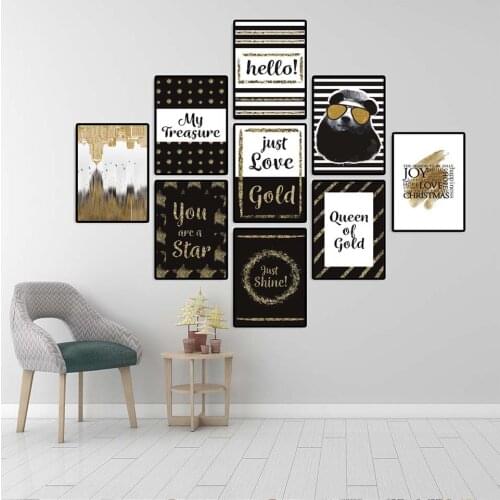 Vinsonloud Home Decoration Poster Prints Wall Art Canvas Painting Nordic Picture Black Golden white Hello Letter