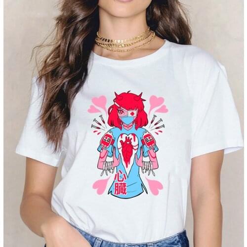 Cartoon Heart Girl Harajuku Women Clothing Short Sleeve Female Tops Tees Printed Cute T Shirts Summer Ladies T-shirt