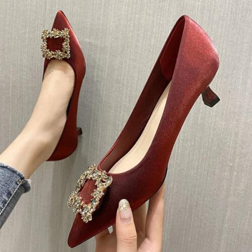 2021 New Satin Bridesmaid Spike Heels Female Pointed Toe Square Drill Plus Size Bridal Shoes 41 42 43