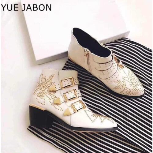 Cowgirl Boots Women Round Toe Rivet Flower Boots Susanna Studded Genuine Leather Ankle Boots Women Botines Luxury Botas Mujer