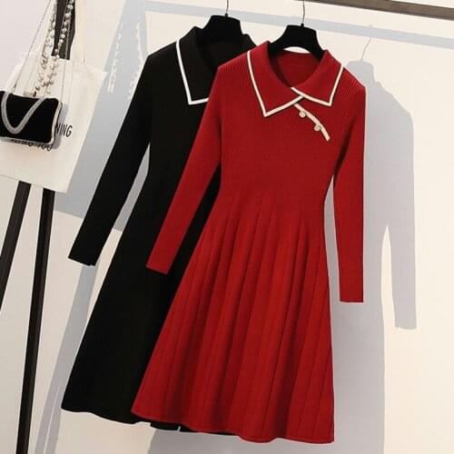 Fall Winter New Knitted Bottoming Dress For Women High-End Temperament Lapel Long Sleeve Button Deco A-Line Sweater Long Dress