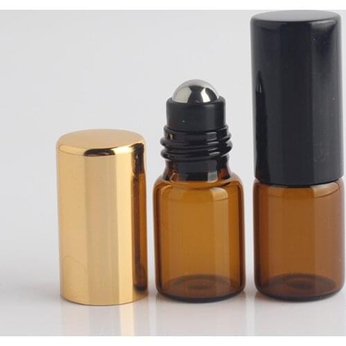 2ml Aluminum Ball Roller Perfume Bottle Empty Amber Roll Up Glass Bottle Travel Bottle With Gold Black Cap