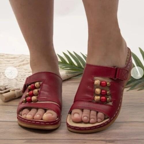 2021 Summer Women Outdoor Open Toe Sandals Vintage Anti-slip Breathable Velcro Wedges Slipper Fashion String Bead Women Shoes