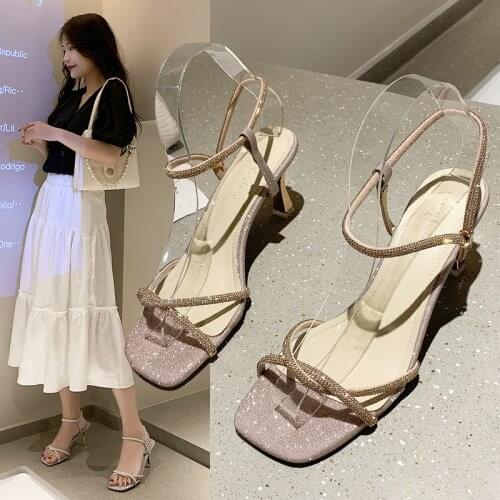 Clear Heels Fashion Womens Shoes 2021 Buckle Strap Cross Rhinestone Sandals Suit Female Beige Luxury New Comfort High Girls Blac