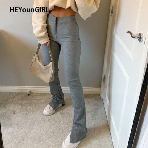 HEYounGIRL Elastic High Waist Long Trousers Women Split Side Skinny Pencil Pants Capris Solid Fashion Sweatpants Lady Streetwear