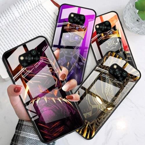 Marvel Black Panther for Xiaomi POCO X3 NFC F3 M2 X2 F2 Redmi K30 Redmi Note 9 Pro Luxury Tempered Glass Phone Case Cover