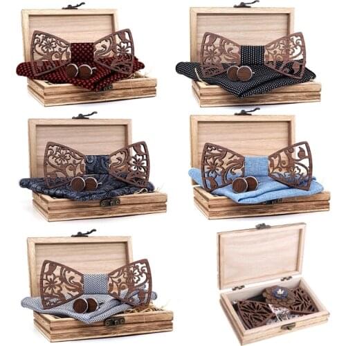 Black Walnut Flower Hollowed Bow Tie Men Wedding Party Business Wood Bow Tie Set Handkerchief Cufflinks