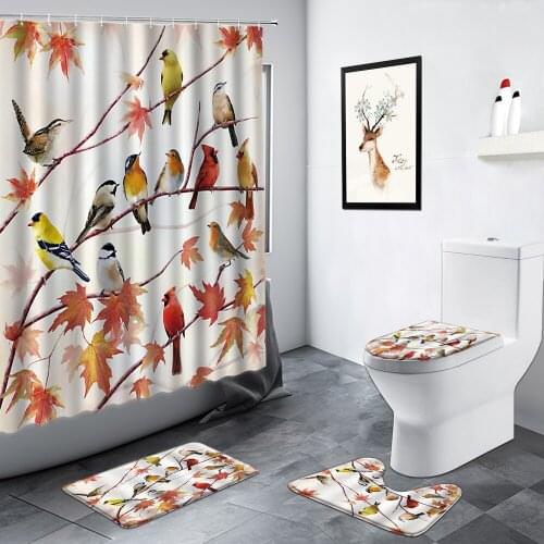 Color Birds Shower Curtain Red Maple Leaves Animals Parrot Home Decor Bathroom Carpet Non-slip Door Mat Toilet Rug Bath Mats Set