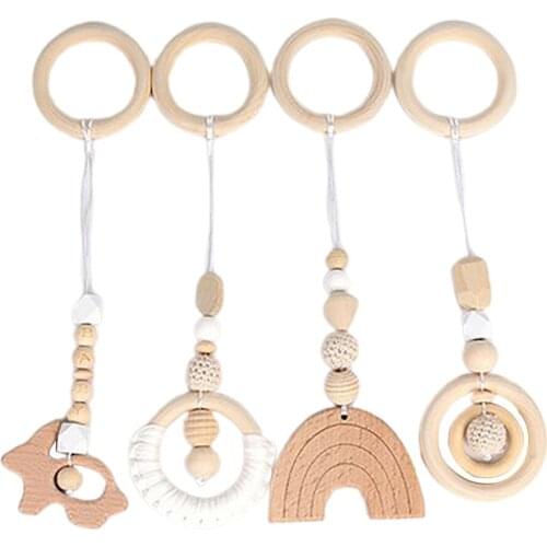 Baby Play Gym Frame Wooden Beech Activity Gym Frame Stroller Hanging Pendants Toys Teether Ring Nursing Rattle Toys Room Decor