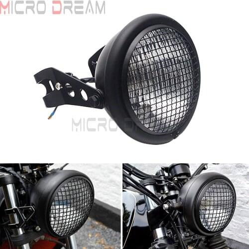 For Harley Cafe Racer Chopper Mesh Grill Headlight Clear Lens Vintage Front Head Lamp + Mount Bracket Retro Round H4 Lighting