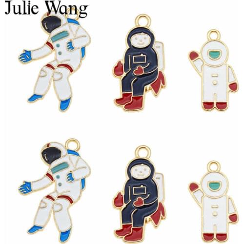 Julie Wang 6PCS Enamel Astronaut Charms White Black Spaceman Gold Tone Necklace Bracelet Earrings Jewelry Making Accessory
