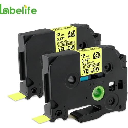 Labelife 2 Pack TZe-C31 fluorescent yellow 12mm X 5m compatible brother handheld label maker tape for indoor or outdoor use