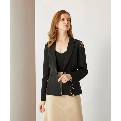 Glamoda Autumn Single Button Long Sleeve Blazer Coat Women Spliced Metal Brooch Decoration High Street Designer Jacket Plus Size