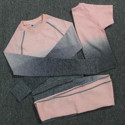 3PCS Yoga Set Ombre Seamless Leggings Long Sleeve+Short Sleeve Crop Top Sport Set Women Running Gym Clothing Fitness Sports Suit