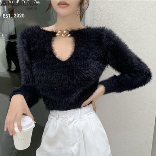 Korean Hollow V-neck mohair sweater women long sleeve metallic buckle elastic knitted tops autumn sexy crop top woman sweaters