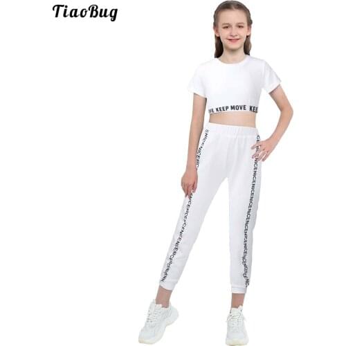 TiaoBug Summer Girls 2Pcs White Black Grey Sport Yoga Suits Letter Print Short Sleeves Crop Top With Elastic Low Waist Leggings