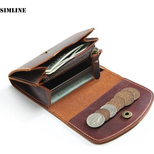 2019 Genuine Leather Men Wallet Short Vintage Handmade Crazy Horse Cowhide Male Small Card Holder Coin Purse With Zipper Pocket