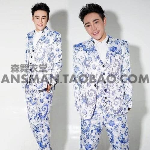 New Men clothing DJ Singer fashion slim Blue and white porcelain suit male plus size Suits performance costumes S-5XL