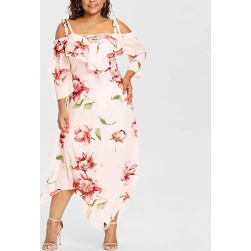 Print Dress robe Womens Off Shoulder XL Strap Lace Maxi Flow Floral Irregular Summer Fashion Explosion Dress femme 40