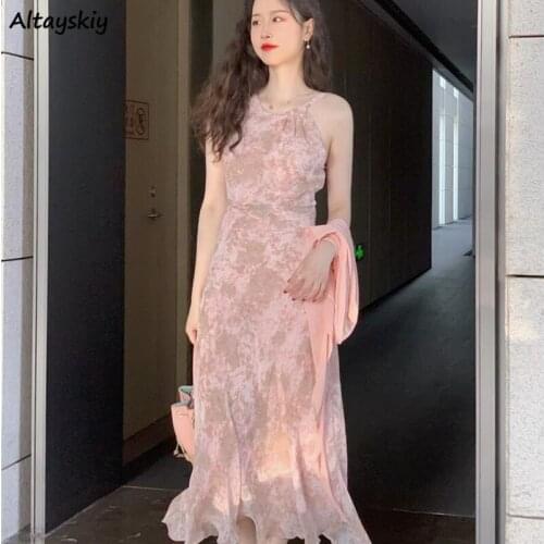 Dress Women Romantic Printed Slim Sexy Lady Sweet Backless Feminine Cozy Korean Style Chic Trendy Mid-calf Vestdios Beach Female