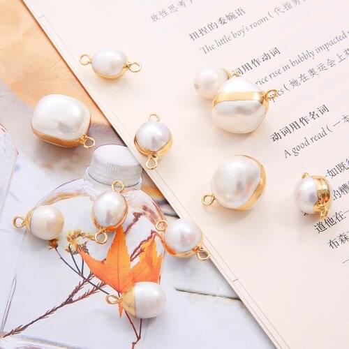 Natural Round Pearl Pendants Charms Copper Color Edged Pearl Connectors White Pearl Pendant for Women Jewelry Making Accessories