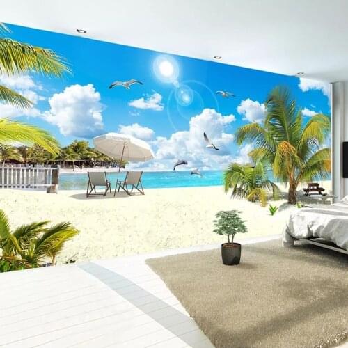 Custom 3D Photo Wallpaper Blue Sky White Clouds Sandy Beach Coconut Tree Seascape Living Room Bedroom Removable Sticker Mural