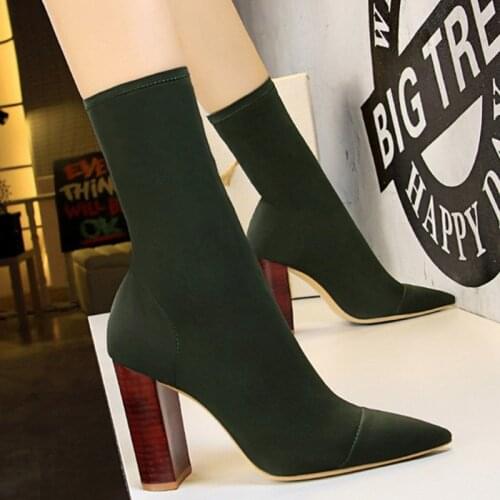 High Heel Boots Women Mid-Calf Boots Winter Shoes Stretch Fabric Sock Boots Sexy Women Boots Square Heels Shoes Female Booties