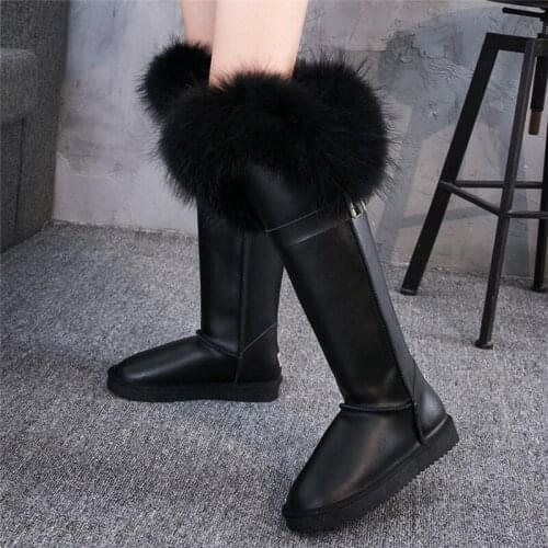 Natural Black Fox Fur Long Boots Winter Genuine Leather Snow Boots Cow Knee-High Boots Waterproof Raccoon Fur Warm Women Boots
